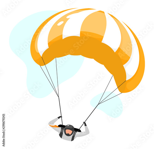Parachuting flat vector illustration. Skydiving experience. Extreme sports. Active lifestyle. Outdoor activities. Sportsman, parachutist isolated cartoon character on white background
