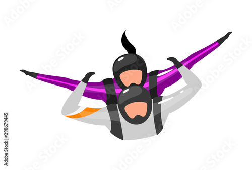 Tandem free-fall flat vector illustration. Skydiving with instructor. Extreme sports. Active lifestyle. Outdoor activities. Sportsman, sportswoman isolated cartoon character on white background