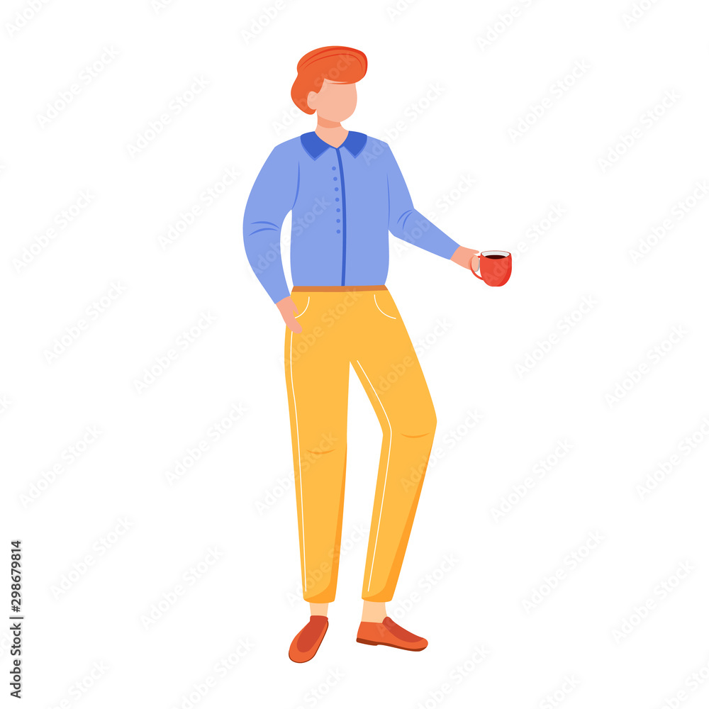 Male office worker flat vector illustration. Employee during break. Young manager with hot drink. Man in formal clothes with cup of coffee isolated faceless cartoon character on white background