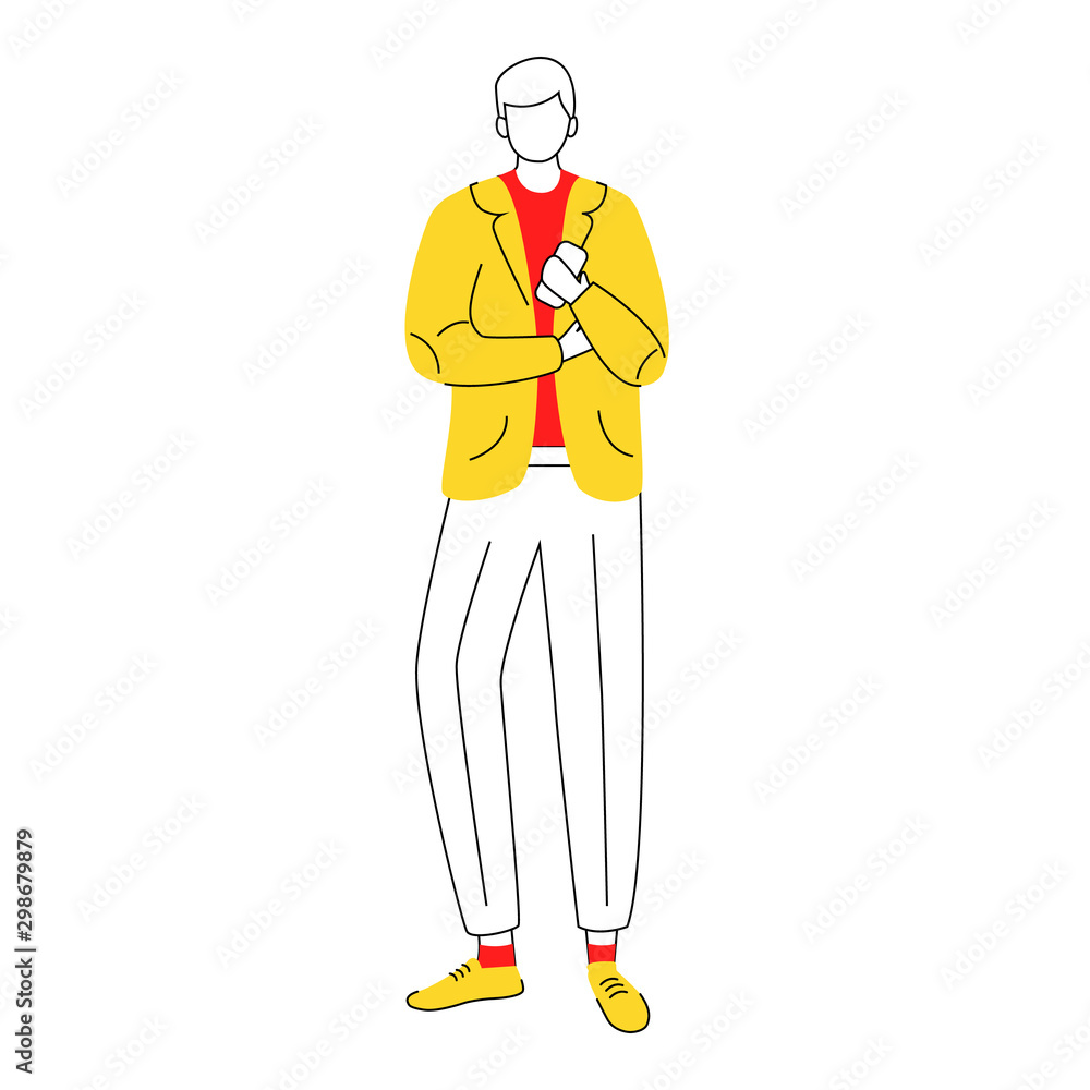 Male office worker flat contour vector illustration. Company manager. Young entrepreneur. Businessman in formal clothes with smartphone isolated faceless cartoon character on white background Male office worker flat contour vector illustration. Company manager. Young entrepreneur. Businessman in formal clothes with smartphone isolated faceless cartoon character on white background