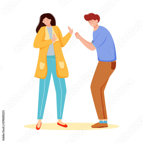 Trouble relationship flat vector illustration. Family conflict. Married couple dispute. Husband and wife quarrel. Boyfriend and girlfriend arguing isolated cartoon character on white background