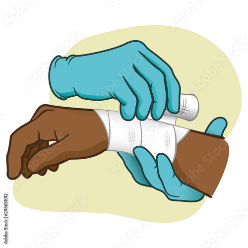 Illustration first aid hands doing dressing bandage, African descent Ideal for medical, informative catalogs and institutional material