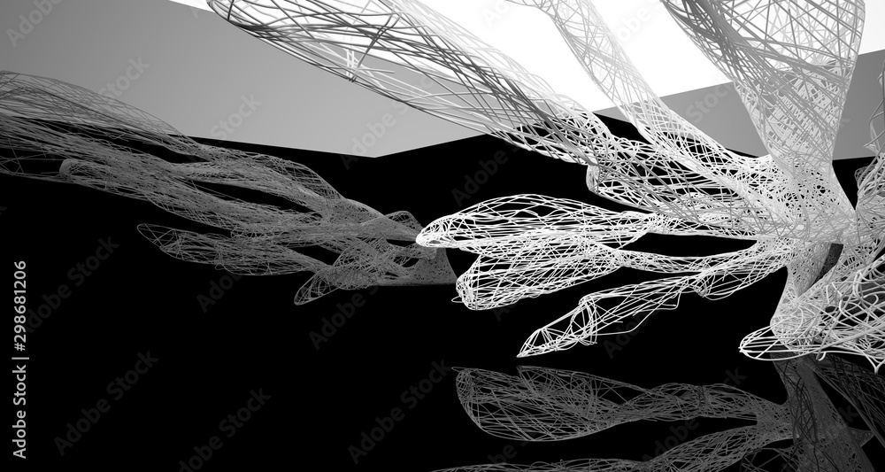 Abstract smooth architectural white and wire black gloss interior with large windows. 3D illustration and rendering. Abstract smooth architectural white and wire black gloss interior with large windows. 3D illustration and rendering.