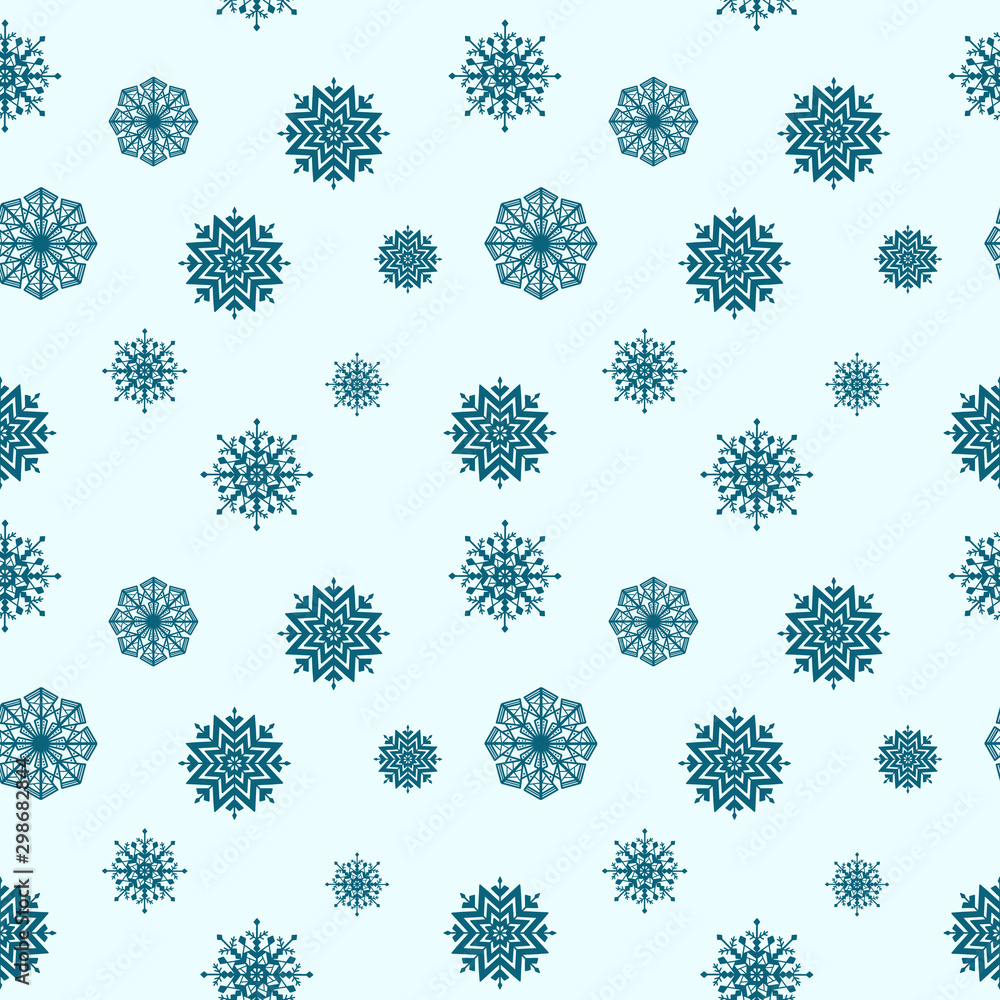 Winter seamless pattern with dark blue snowflakes on light blue background. Holiday decorative wallpaper design. Winter seamless pattern with dark blue snowflakes on light blue background. Holiday decorative wallpaper design.