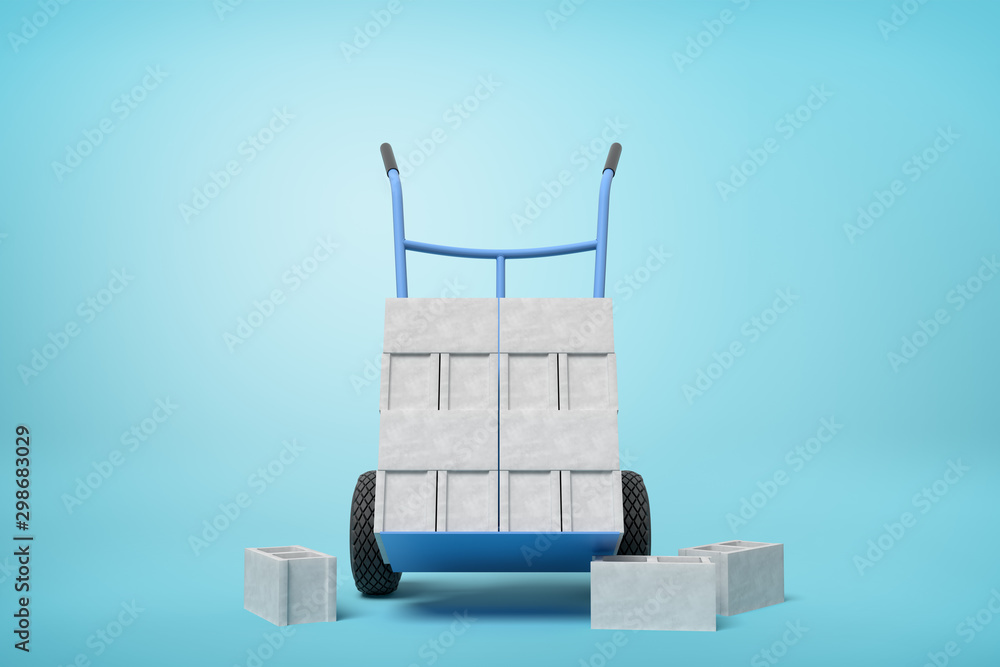 Obraz premium 3d rendering of stack of grey hollow bricks on blue hand truck with several bricks lying on ground on light-blue background.