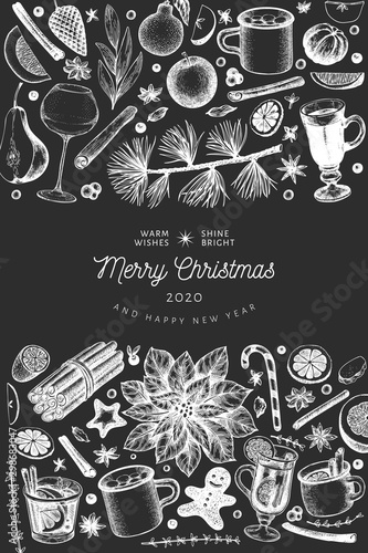 Winter drinks vector design template. Hand drawn engraved style mulled wine, hot chocolate, spices illustrations on chalk board. Vintage christmas background.