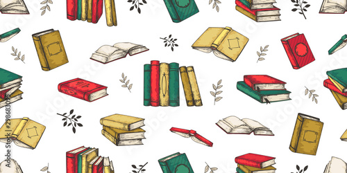Doodle books pattern. Seamless vintage stacks and piles of different books, magazines and notebooks. Vector sketch drawn doodle retro seamless print for design teens literature