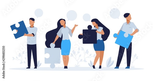 Business teamwork concept. Cartoon people with puzzle elements, teamwork collaboration and people connection vector illustration. Corporate work office connecting together team for promotion company