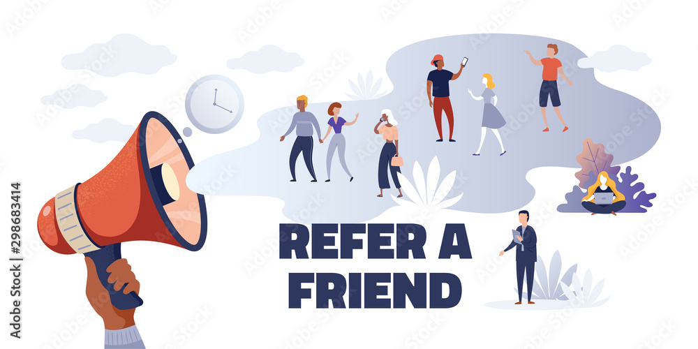Obraz premium Referral marketing. Creative advertising concept refer friend loyalty program, cartoon promoting characters. Vector concept choice to communicate with consumer audience for colors banner