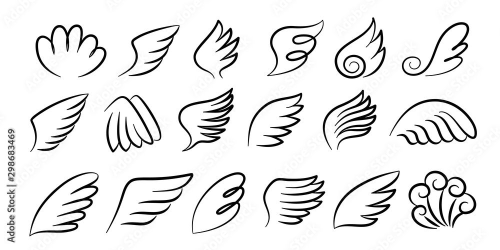 Sketch wings pair. Hand drawn angel wings ink sketch, cartoon bird wings  silhouettes. Vector artwork design black feathered wing set for signs and  emblem on white background Stock Vector | Adobe Stock