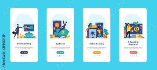 Online banking mobile app. Finance application UI onboard screens with financial concepts and vector cartoon characters. Incoming payment, pay manager and other financial transactions