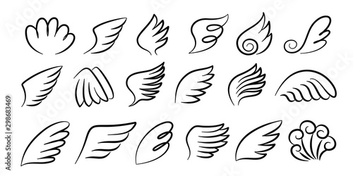 Sketch wings pair. Hand drawn angel wings ink sketch, cartoon bird wings silhouettes. Vector artwork design black feathered wing set for signs and emblem on white background © SpicyTruffel