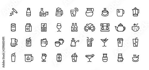 Drinks line icons. Coffee tea and alcoholic beverages, beer champagne cocktails, water in bottle and glass, milk. Vector set outlines drinking food beverage for party