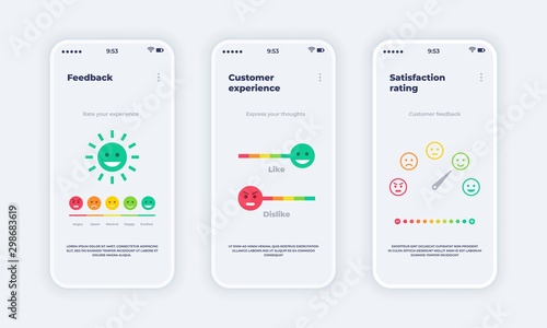 Feedback mobile app. Smartphone onboard screen with emoticons in different moods, customer review application. Vector mockup landing page survey reputation rating trust via internet on smartphone
