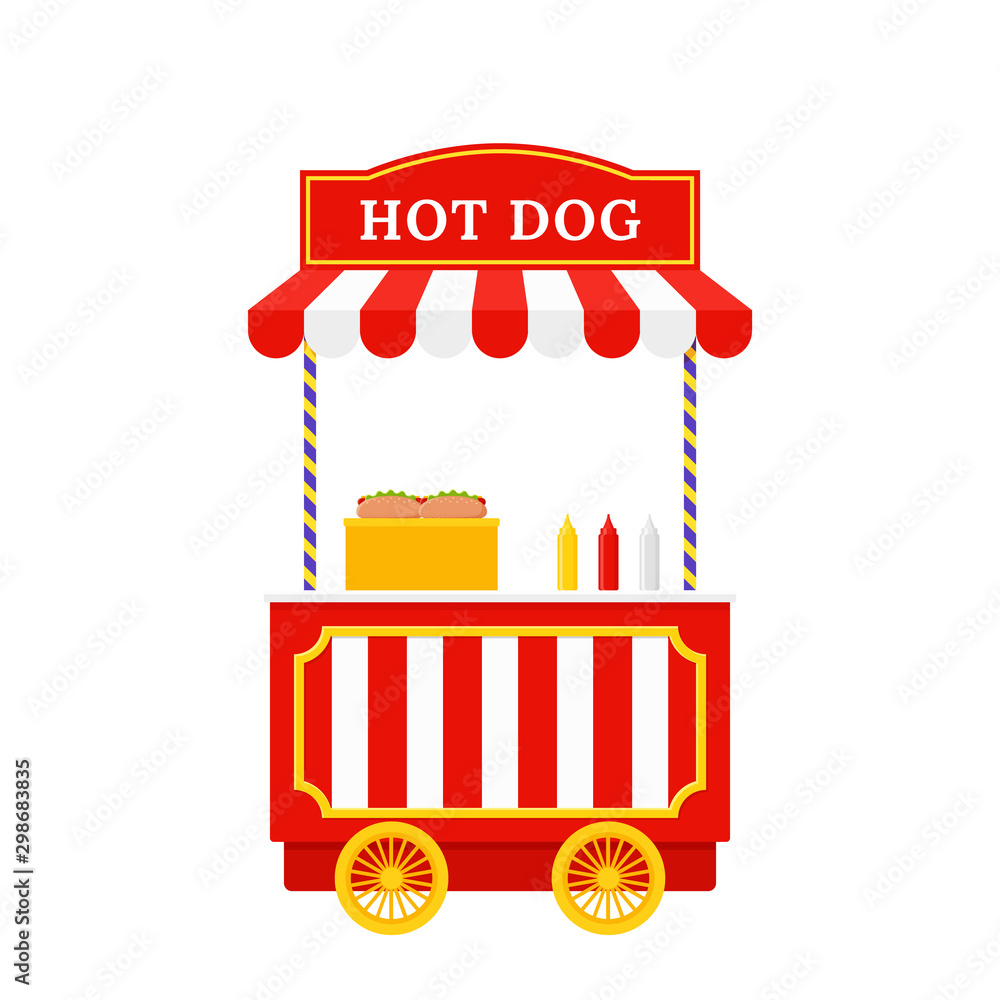 Hot dog cart. Vector. Hotdog stand. Outdoor food shop. Circus, carnival  kiosk stand. Funfair retro trolley. Vintage booth in amusement park. Cartoon  illustration. Icon isolated on white background. Stock Vector | Adobe
