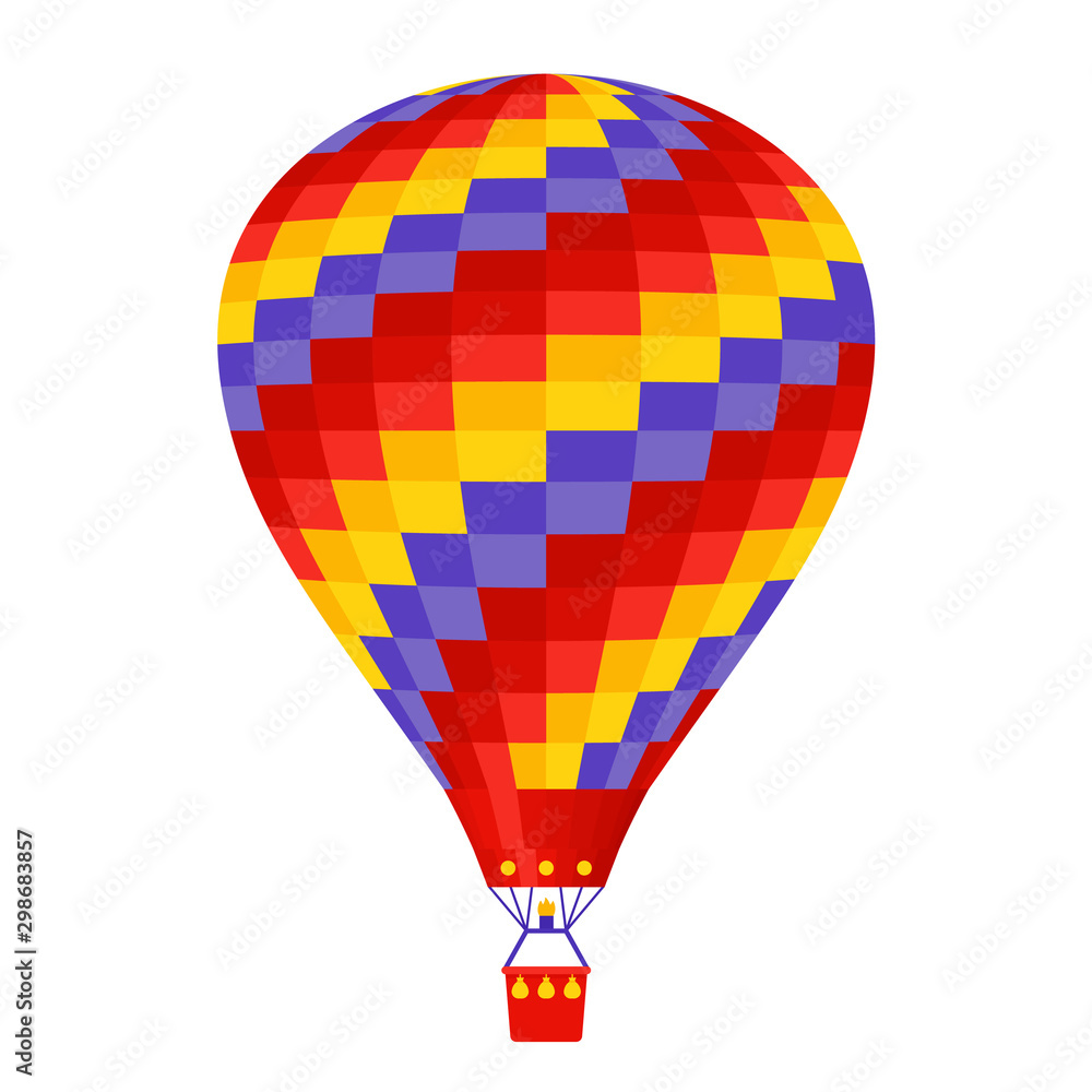 Fototapeta premium Hot air balloon. Vector. Airship icon isolated on white background. Cartoon flight balloon with basket. Festival, circus entertainment in sky. Colorful adventure ballon. Illustration in flat design.