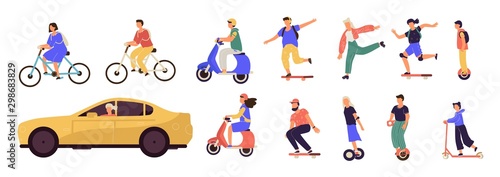 People riding. Cartoon characters on modern electric city transport, longboard scooter bicycle unicycle car. Vector personal transporters roller device with motor