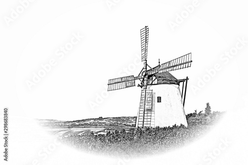 Traditional dutch windmill - Vintage travel sketch.
