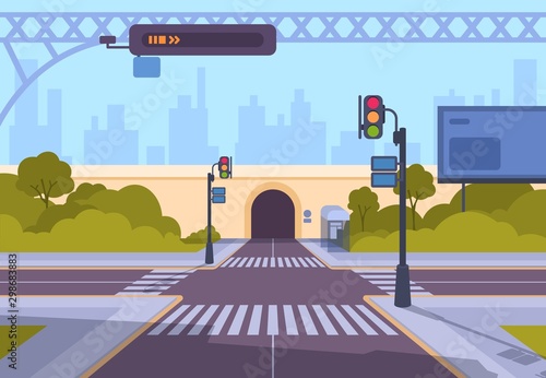 Cartoon crosswalk. City streets intersections with no automobile traffic and pedestrians, urban landscape with crosswalk. Vector illustration empty crossing roads against background of tunnel