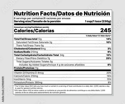 Nutrition facts label. Vector. Food information with daily value. Package template. Data table ingredients calorie, fat sugar cholesterol. Bilingual label. Illustration isolated. Layout design