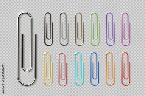 Realistic colorful paper clip set. Metal fasteners notebook holders. Vector illustrations colors steel paperclip for organizing work process photo