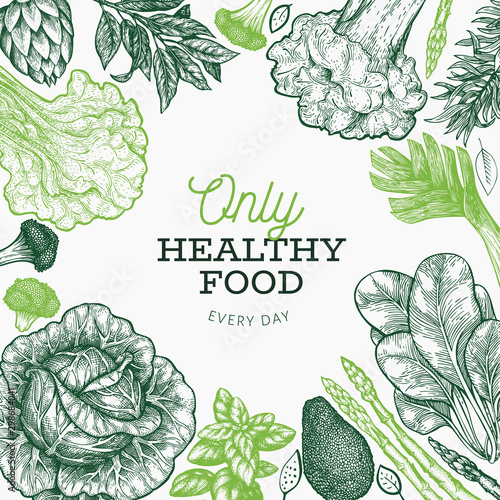 Green vegetables design template. Hand drawn vector food illustration. Engraved style vegetable banner. Retro botanical design.