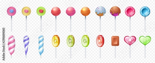 Colorful lollipop set. Round and spiral sweet lolly candies. Sugar food on stick for holiday icon. Vector illustration realistic lollipops with sour fruit citrus taste