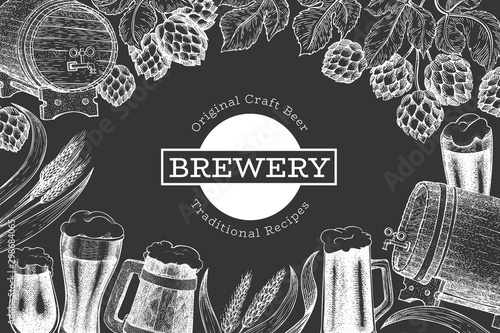 Beer and hop design template. Hand drawn vector brewery illustration on chalk board. Engraved style. Retro brewing illustration.