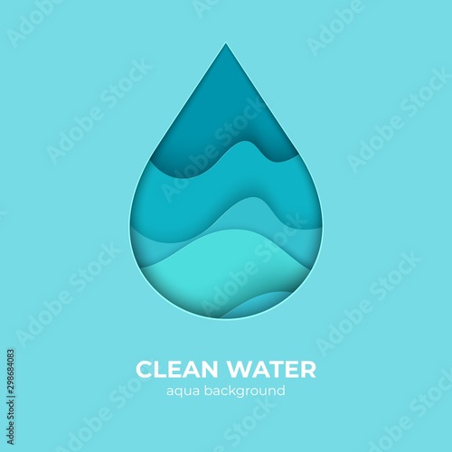 Paper cut water drop logo design template. 3D minimal water wave shapes, abstract origami ocean waves. Vector creativity waterdrop with splash save pure nature as an element of eco logo