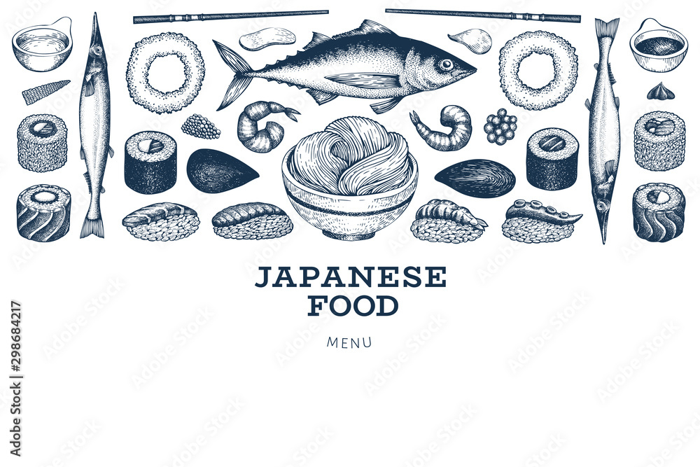 Japanese cuisine banner template. Sushi hand drawn vector illustrations. Retro style asian food background. Japanese cuisine banner template. Sushi hand drawn vector illustrations. Retro style asian food background.