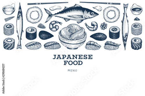 Japanese cuisine banner template. Sushi hand drawn vector illustrations. Retro style asian food background.