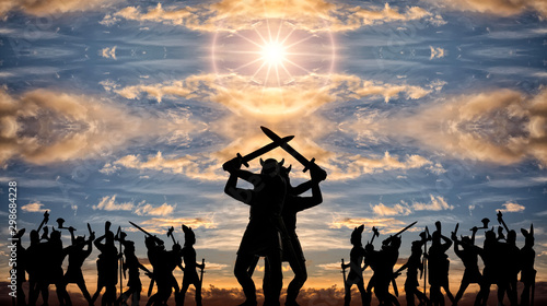 Fotografie Giant silhouettes of two Gods-Vikings (vintage toy soldiers) with swords standin