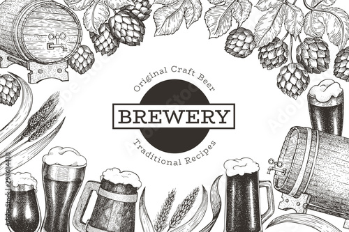 Beer and hop design template. Hand drawn vector brewery illustration. Engraved style. Retro brewing illustration.