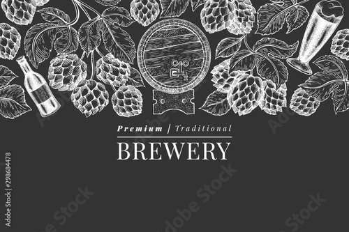 Beer and hop design template. Hand drawn vector brewery illustration on chalk board. Engraved style. Retro brewing illustration.