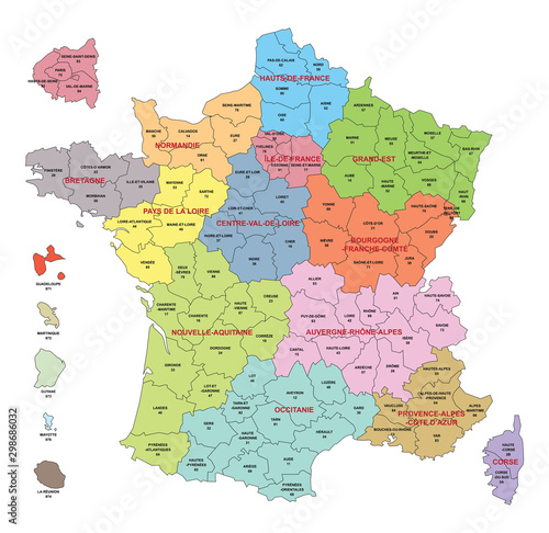 Carte de France avec départements et régions comprenant les départements d'Outre-Mer et  agrandissement des départements autour de Paris - Textes vectorisés et non vectorisés sur calques séparés