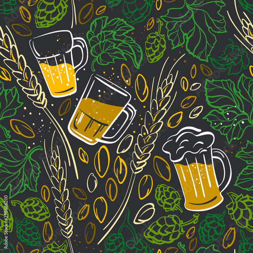 Beer, hop, mug. Vector color seamless pattern.