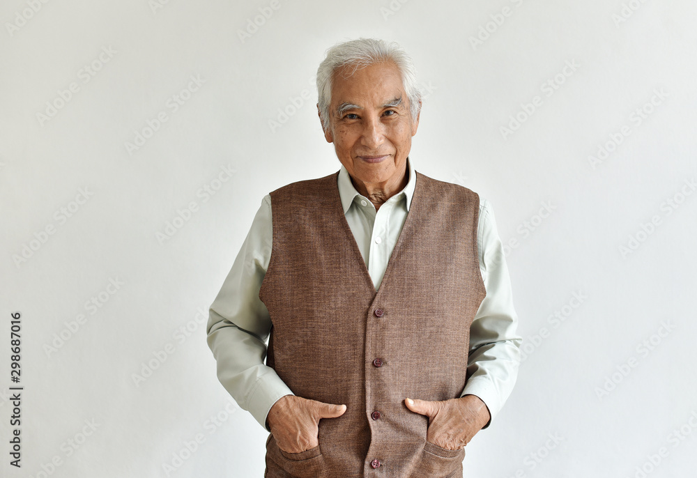Senior asian old man, Confident and smiling elderly people on white background, Happy retiree citizen concept.