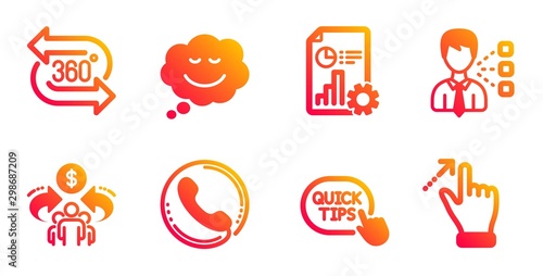 Quick tips, Sharing economy and Speech bubble line icons set. Third party, Report and Call center signs. 360 degree, Touchscreen gesture symbols. Helpful tricks, Share. Technology set. Vector