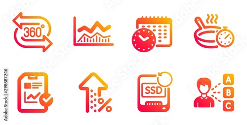 Calendar time, Recovery ssd and Trade infochart line icons set. Frying pan, Report checklist and 360 degree signs. Increasing percent, Opinion symbols. Clock, Backup info. Business set. Vector