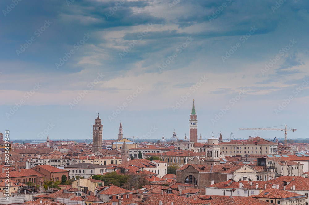 Cloudy sky over Venice aerial panorama, Italy. Concept: historic Italian places, evocative and little-known views of Venice