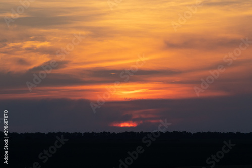 The clouds are orange. Sunset on a cloudy day. Black silhouette of the forest.