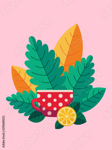 Vector illustration with a cup of aromatic tea and leaves