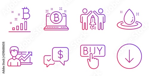Bitcoin graph, Buying and Payment received line icons set. Success business, Bitcoin and Fuel energy signs. Partnership, Scroll down symbols. Cryptocurrency analytics, E-commerce shopping. Vector