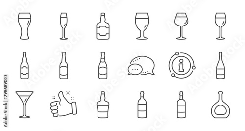 Bottles line icons. Beer drinks, Wine glass and Whiskey bottle. Champagne linear icon set. Quality line set. Vector