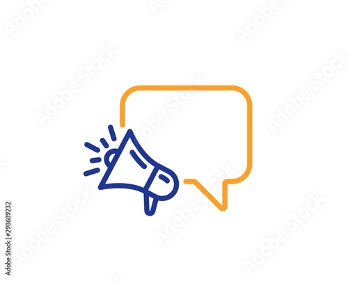 Advertisement device symbol. Megaphone line icon. Brand ambassador speech bubble sign. Colorful outline concept. Blue and orange thin line megaphone icon. Vector photo