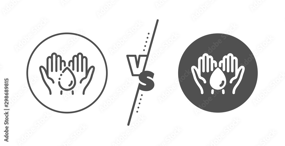 Skin care sign. Versus concept. Moisturizing oil line icon. Wash hands symbol. Line vs classic wash hands icon. Vector
