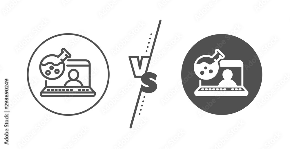 Laboratory flask sign. Versus concept. Online chemistry lab line icon. Analysis symbol. Line vs classic online chemistry icon. Vector Laboratory flask sign. Versus concept. Online chemistry lab line icon. Analysis symbol. Line vs classic online chemistry icon. Vector