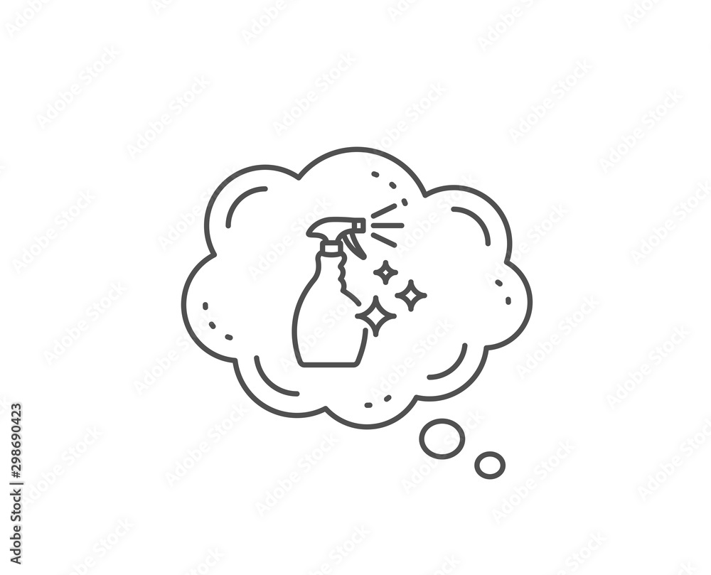 Cleaning spray line icon. Chat bubble design. Washing liquid or Cleanser symbol. Housekeeping equipment sign. Outline concept. Thin line washing Cleanser icon. Vector Cleaning spray line icon. Chat bubble design. Washing liquid or Cleanser symbol. Housekeeping equipment sign. Outline concept. Thin line washing Cleanser icon. Vector