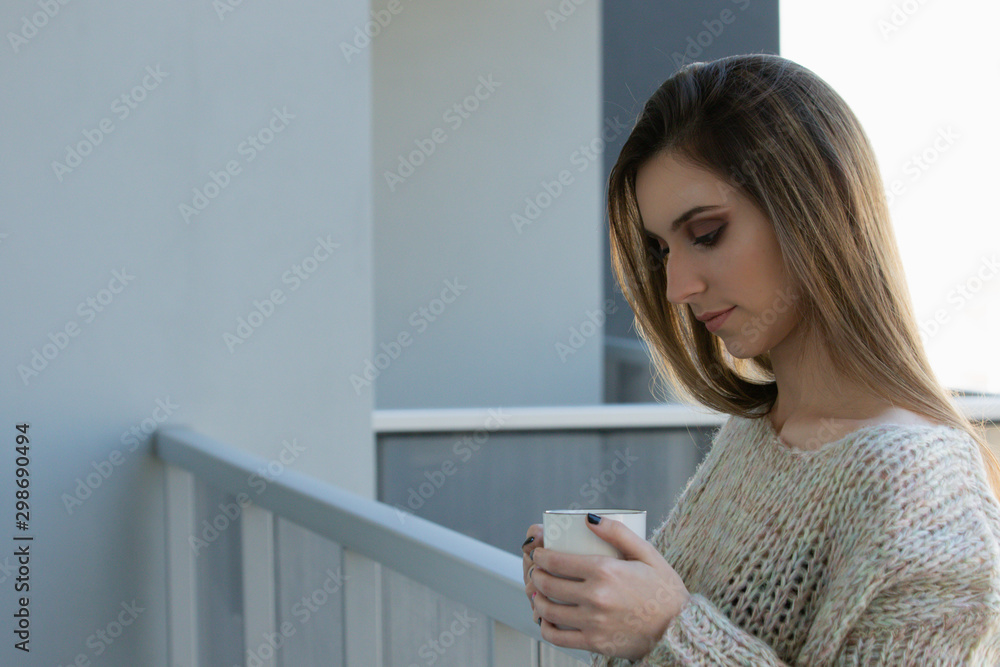 Young model, coffee, cell phone, beauty and joy Young model, coffee, cell phone, beauty and joy