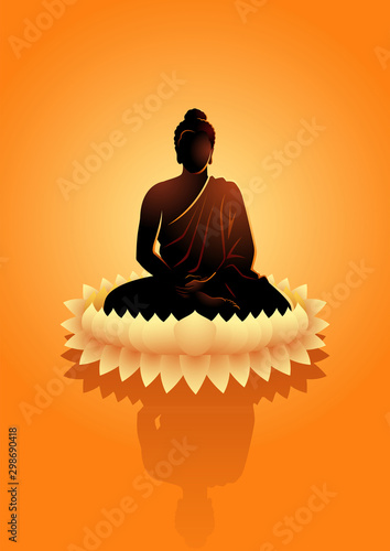 Buddha meditating on water lotus flower